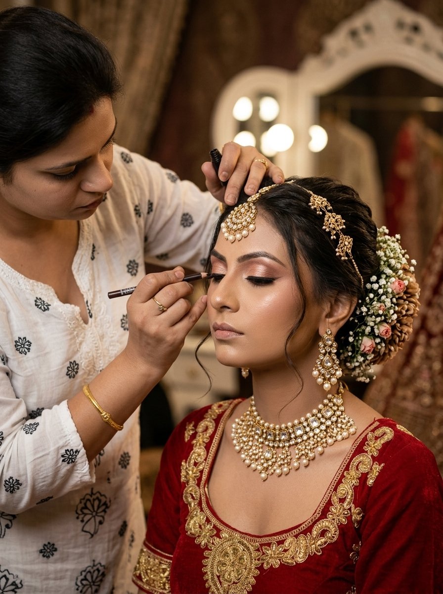 Example couture bridal trial look by Sneha Suman showcasing royal textured floral bun and soft glam finish